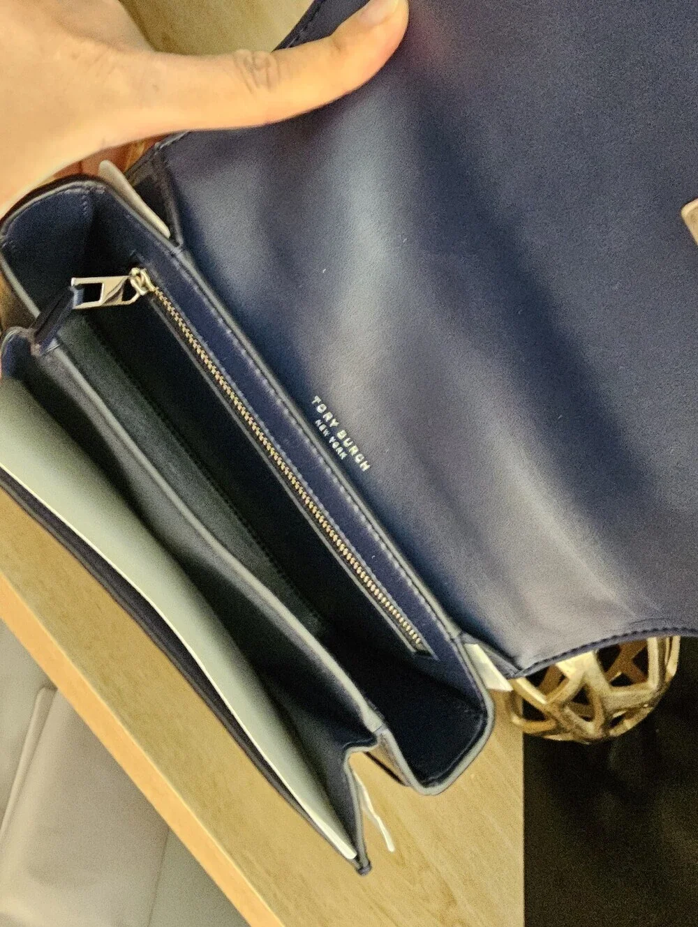 Tory Burch  Britten Textured Patent  Navy Leather Chain Crossbody